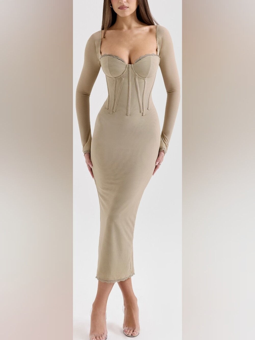Olive Green mesh long sleeve bodycon midi dress